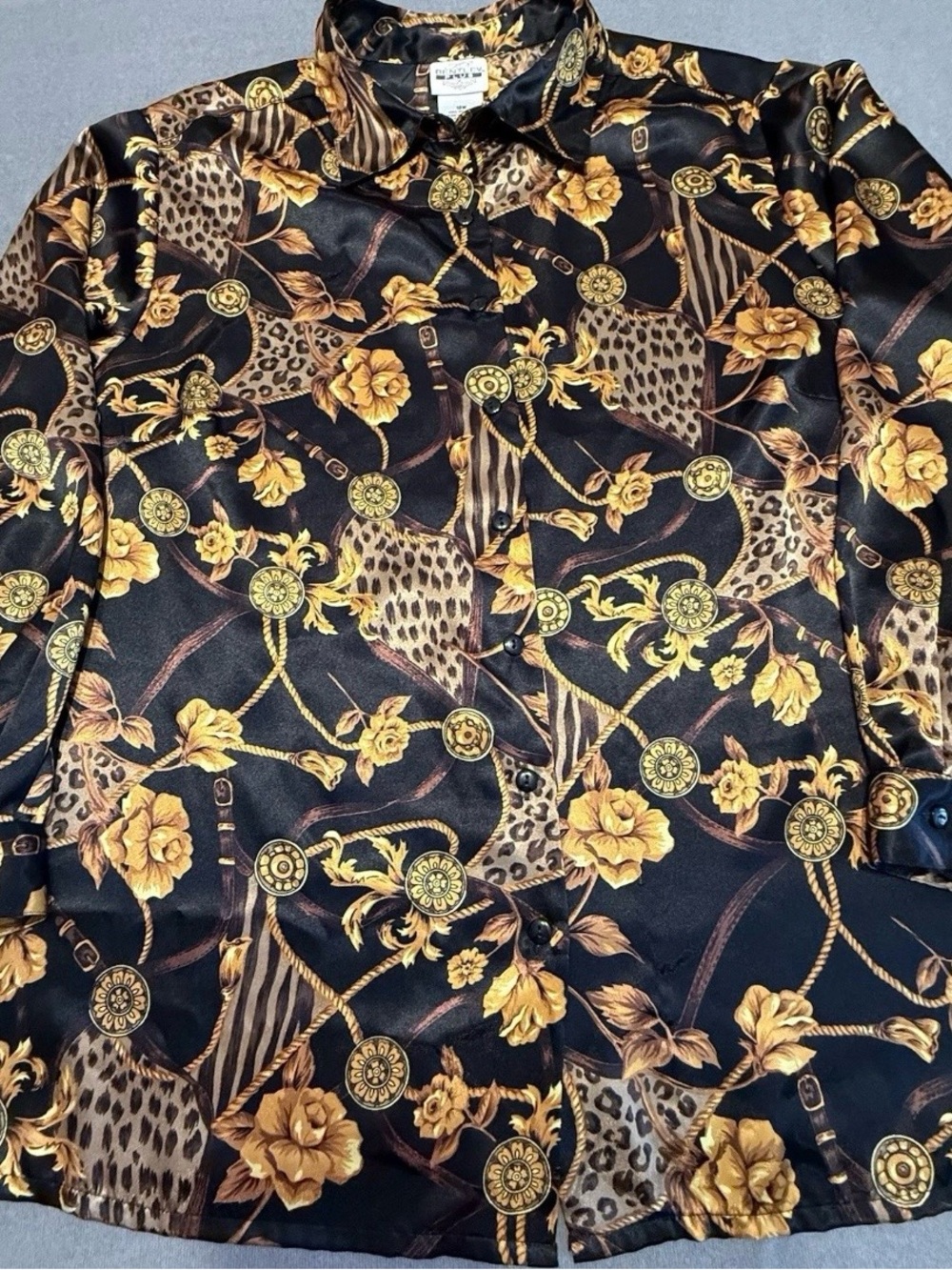 VTG Bentley Plus Women's Black, Floral , Cheetah, Chain-Print Satin Blouse